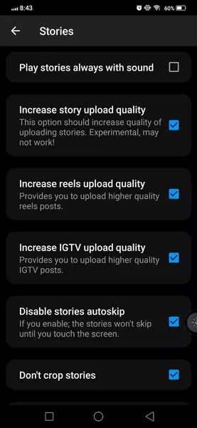Increase reels upload quality, Disable stories autoskip aeroinsta